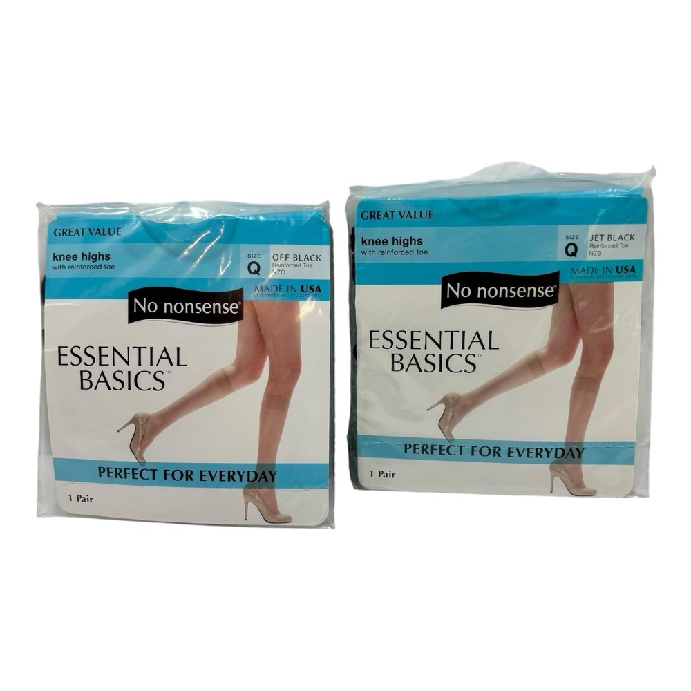 1 Off Black / 1 Jet Black- No Nonsense Knee Highs Reinforced Toe Size‎ Q NEW USA